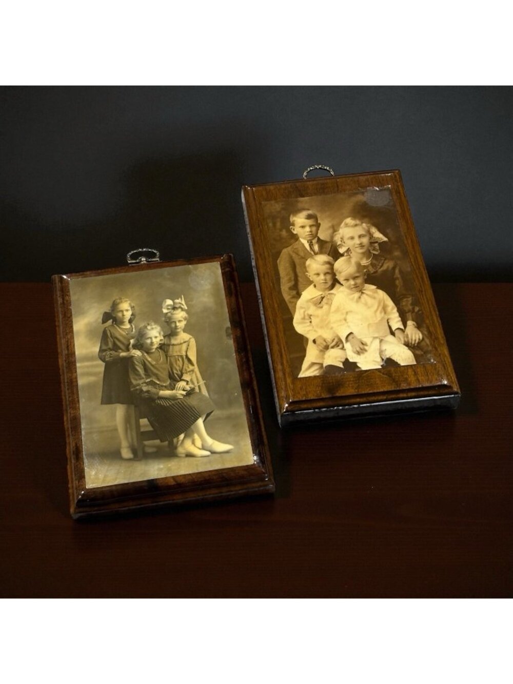 2 Antique Photograph Wood Plaques Children Early 1900s Black White Victorian